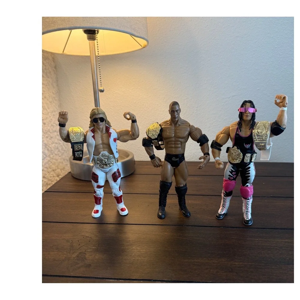 WWE Jakks Classic superstars Shawn Michaels, The Rock, Bret Hart with Belts 3PK